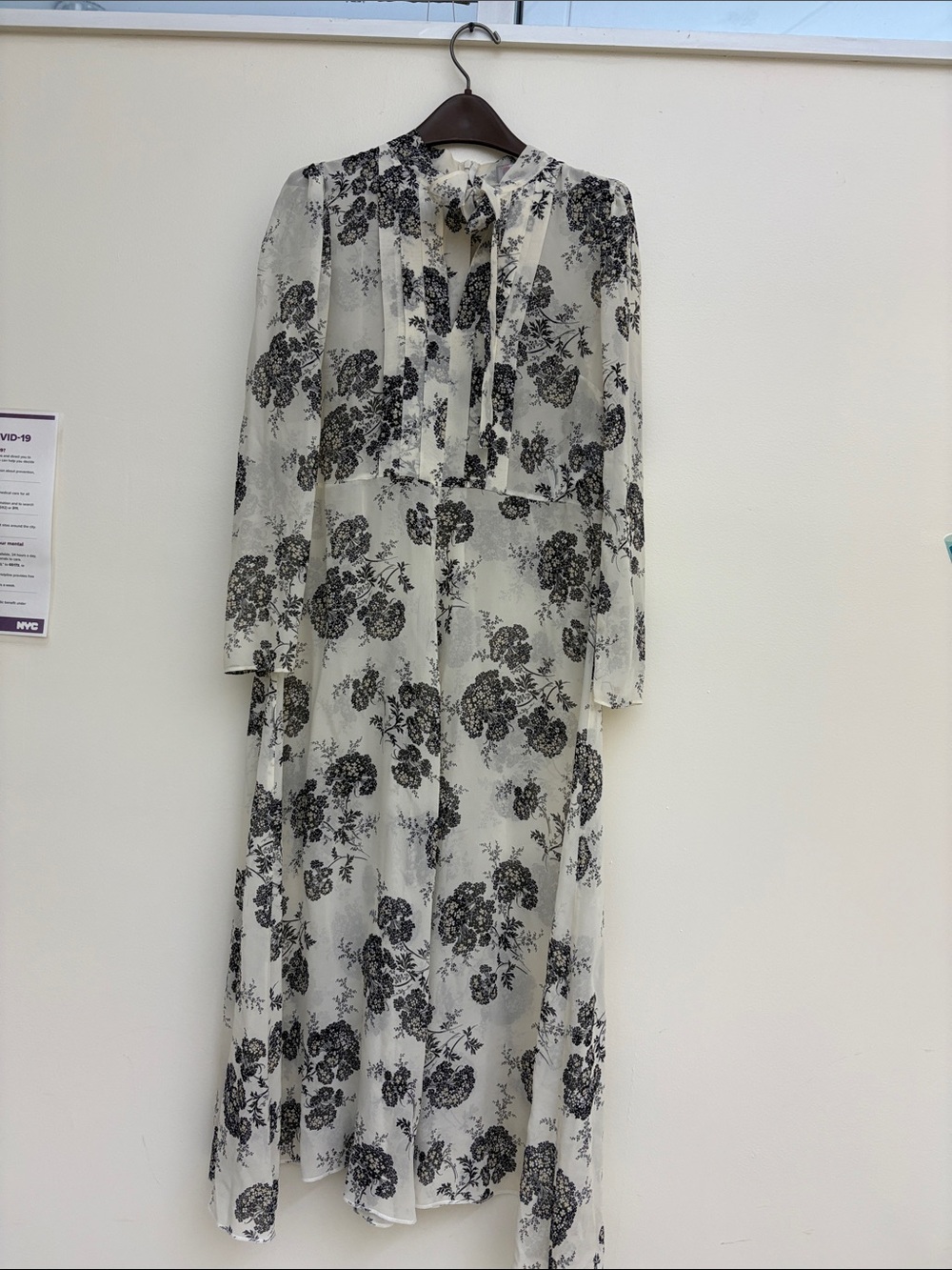 RED Valentino Black & White Sheer Floral Tie-Neck Midi Dress